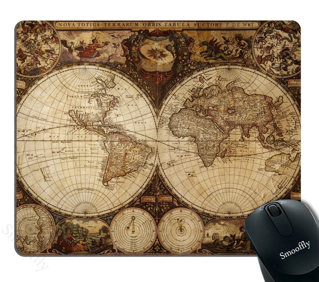 Smooffly Vintage World Map Mouse Pad, Image Of Old Map In 1720S Nostalgic Style Art Historical Atlas Mouse Pad,Brown Beige