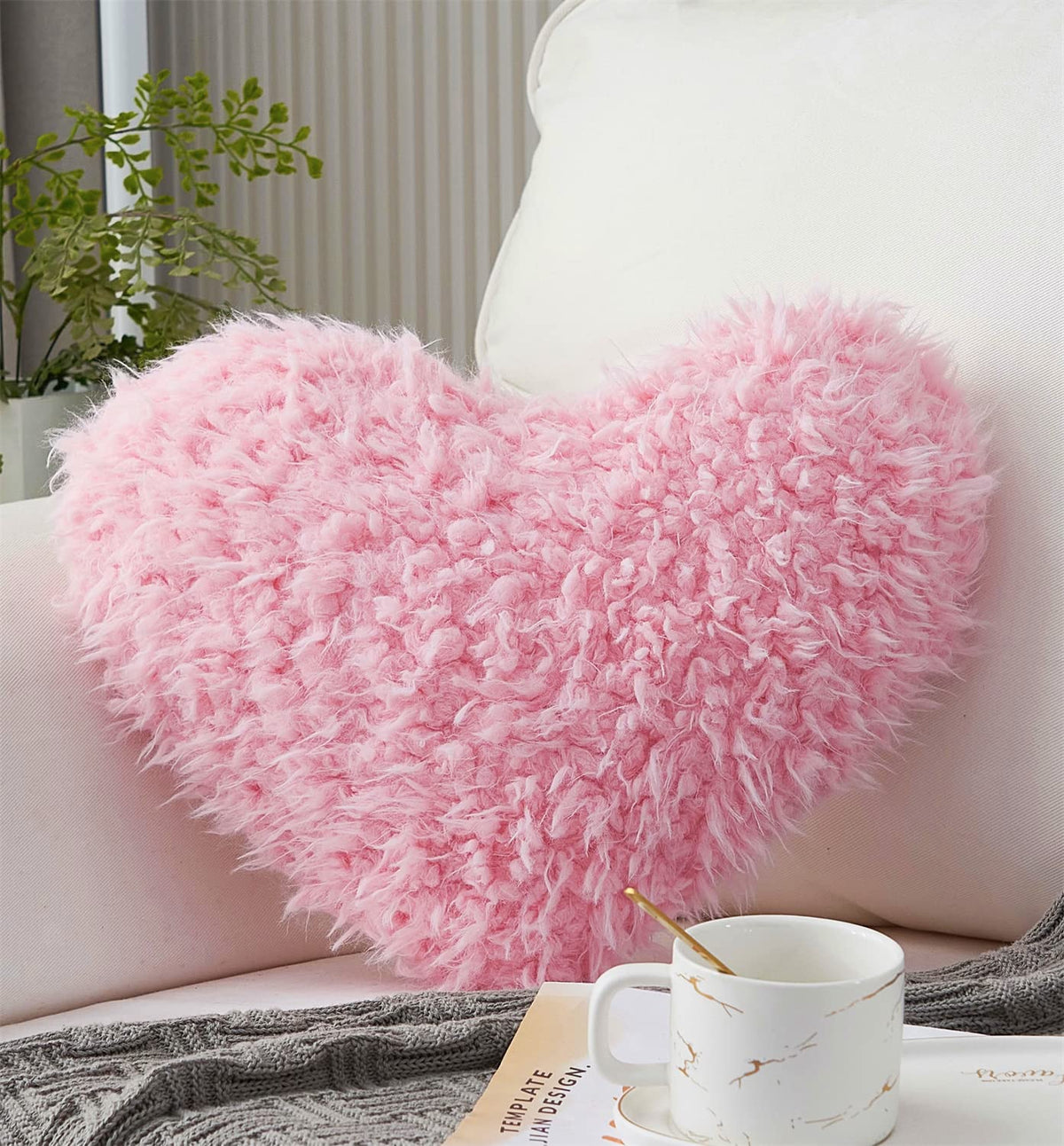 Moowoo Pink Girl Heart Throw Pillow With Pillow Cover And Insert,Love Pillow,Valentines Day Decor, Shaggy Faux Fur Fluffy Pillow