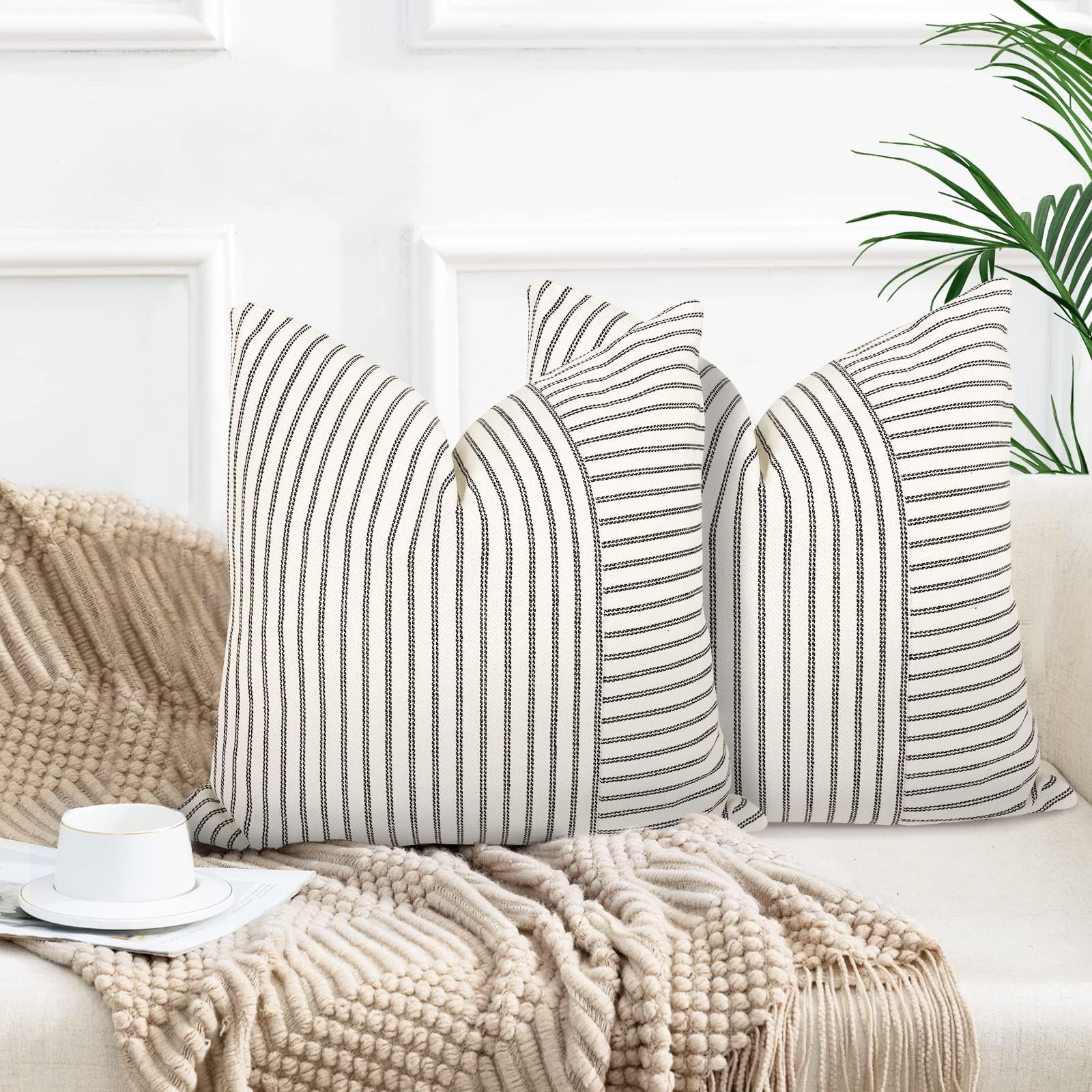 Farmhouse Pillow Covers 22X22, Modern Accent Square Throw Pillow Covers Set Of 2, Black And Beige Striped Patchwork Linen Decora