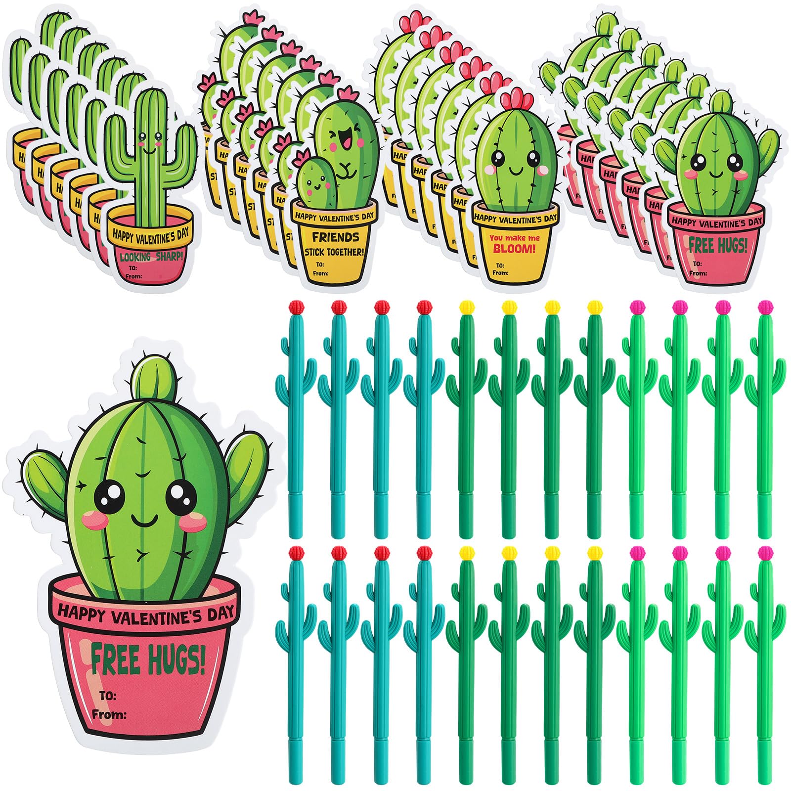 Sayglossy 24 Sets Funny Succulent Themed Valentine'S Day Card And Cactus Ballpoint Pen Set Succulent Valentine Gift Exchanges Ca