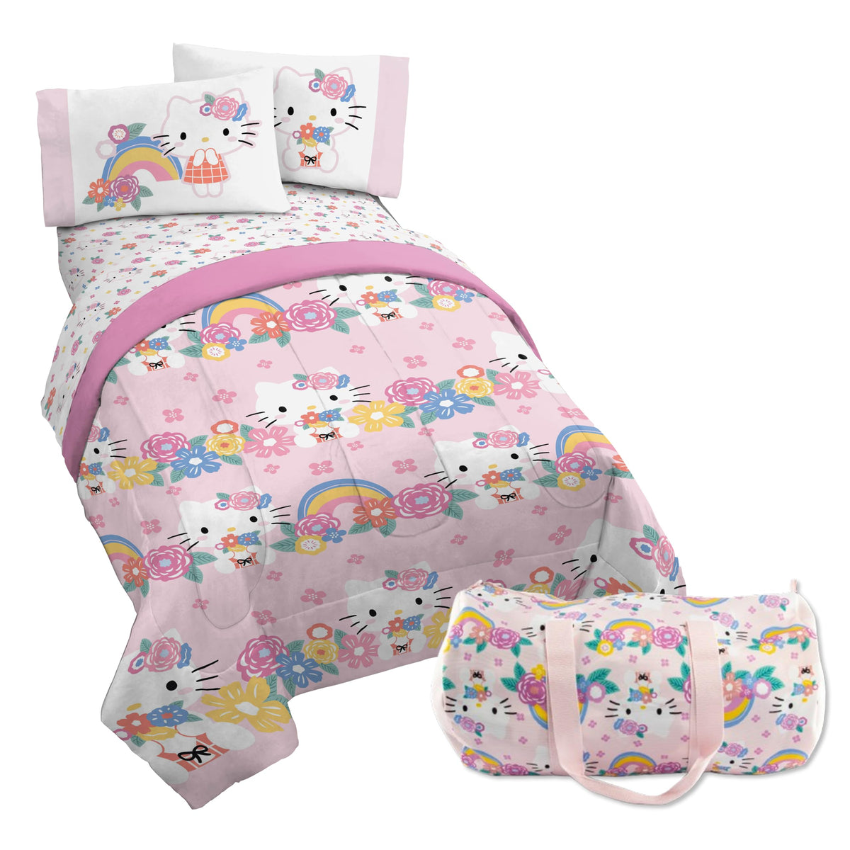 Jay Franco Hello Kitty Twin Size Comforter Set - 4 Piece Floral Bedding Includes Sheet Set, Pillow Covers & Bonus Duffle Bag - S