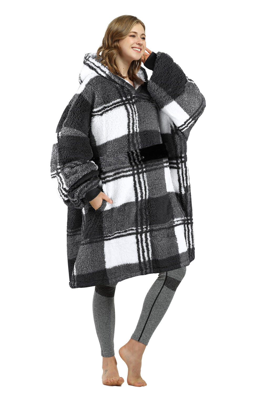 Catalonia Plaid Oversized Wearable Blanket Hoodie Sweatshirt, Comfortable Sherpa Lounging Pullover For Adults Men Women Wife Gir