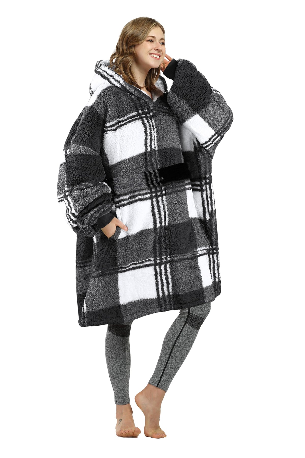 Catalonia Plaid Oversized Wearable Blanket Hoodie Sweatshirt, Comfortable Sherpa Lounging Pullover For Adults Men Women Wife Gir
