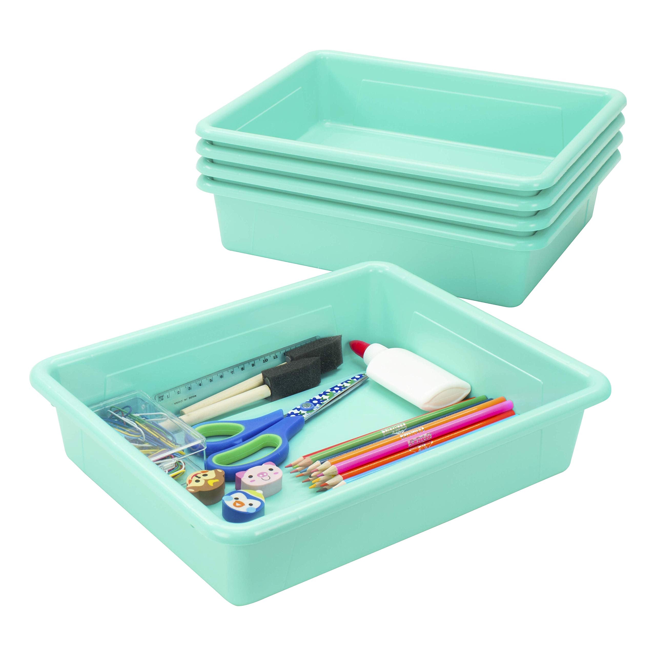 Storex Letter Size Flat Storage Tray - Organizer Bin For Classroom, Office And Home, Teal, 5-Pack (62522A05C), 10 X 13 X 3 Inche
