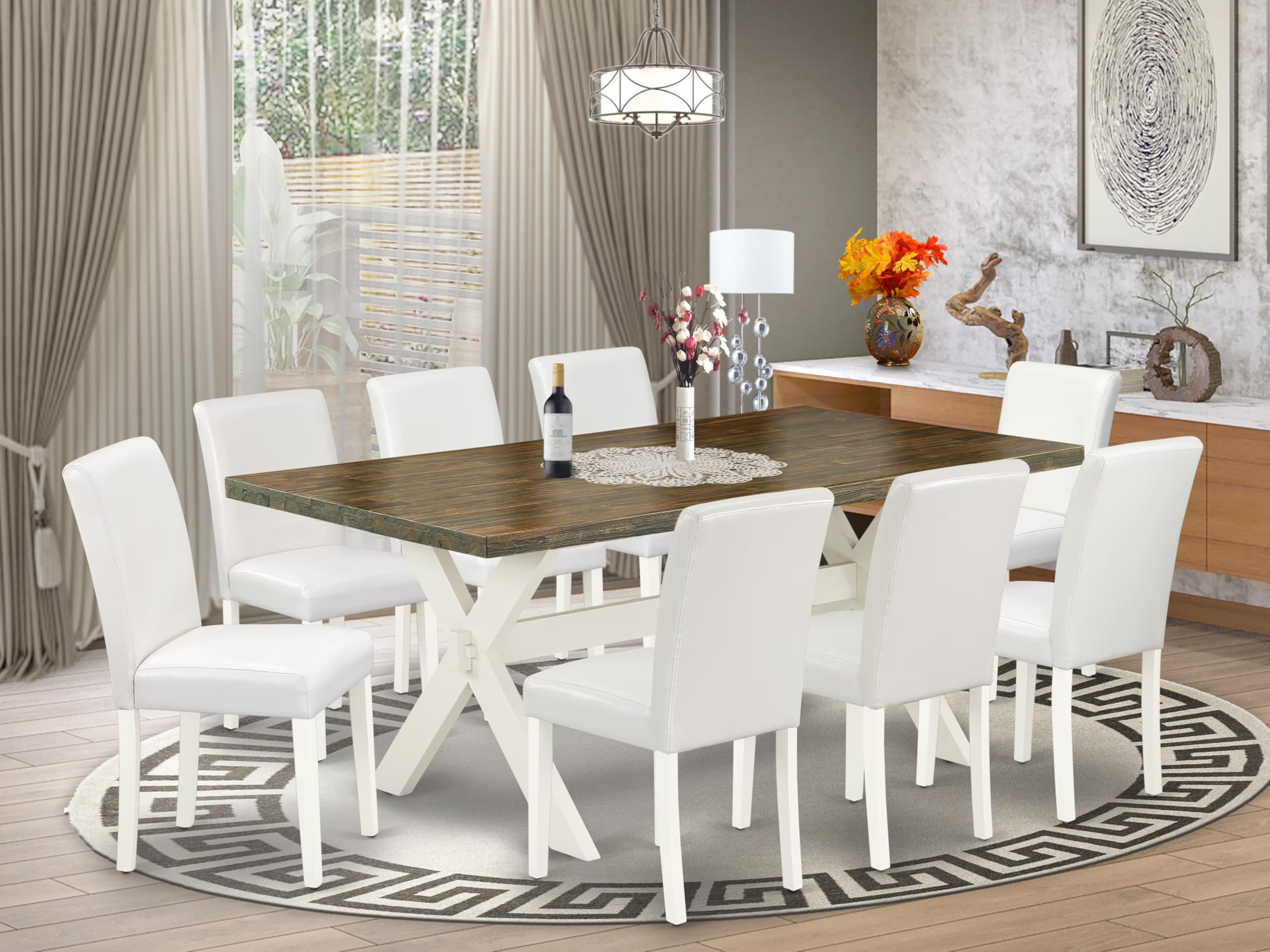 East West Furniture X077Ab264-9 9 Piece Dining Room Furniture Set Includes A Rectangle Dining Table With X-Legs And 8 White Faux Leather Upholstered Chairs, 40X72 Inch, Multi-Color