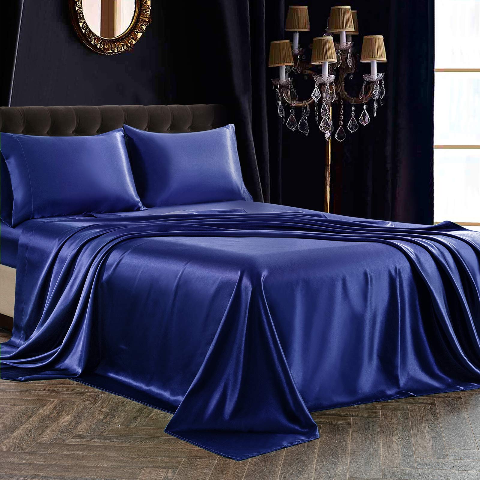 Siinvdabzx 4Pcs Satin Sheet Set Full Size Ultra Silky Soft Navy Blue Satin Full Bed Sheets With Deep Pocket, 1 Fitted Sheet, 1 F