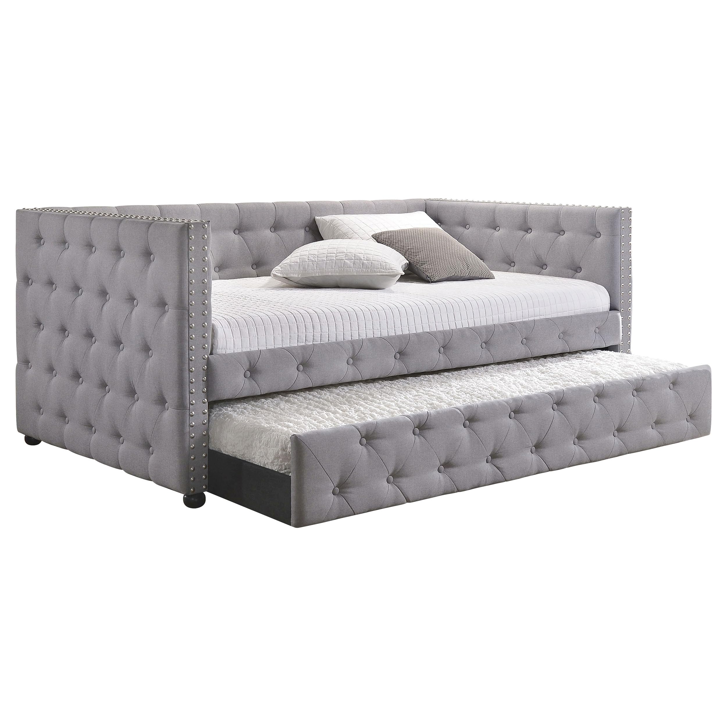 Coaster Home Furnishings Mockern Modern Classic Fabric Upholstered Twin Size Button Tufted Daybed with Trundle Bed for Guestroom 34-inch Headboard Bedroom Lounger Grey 302161