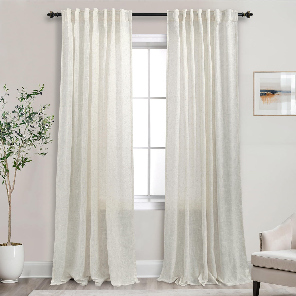 Mrs.Naturall 90 Inch Curtains,Boho Semi Sheer Linen Curtain Drapes 90 Inches Long 2 Panels Set For Living Room Bedroom,Cream Ivo