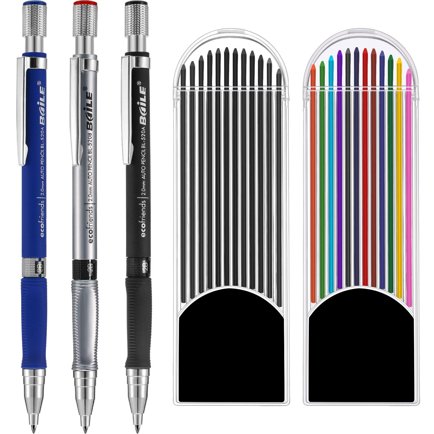 Jovitec 3 Pieces 2.0 Mm Mechanical Pencil With 2 Cases Refills, Color And Black Refills For Draft Drawing, Writing, Crafting, Ar