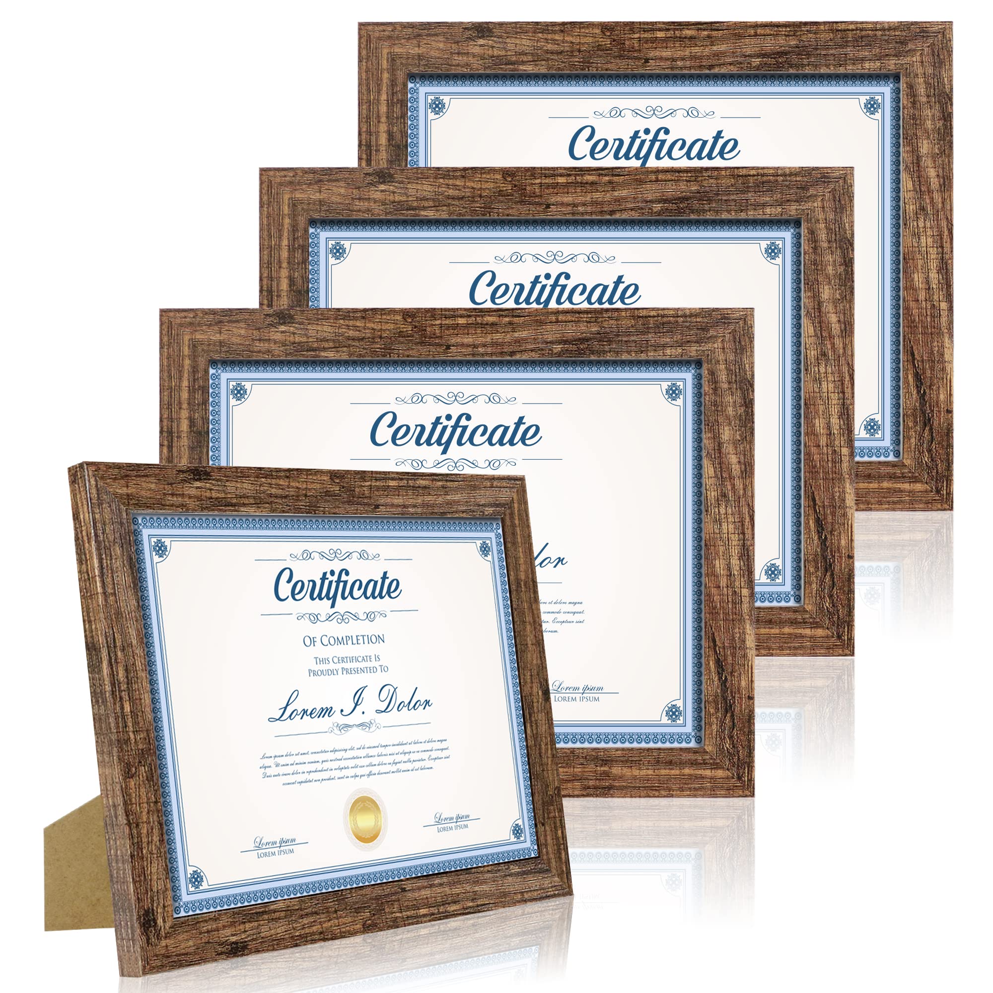 Hongkee 8.5 x 11 Picture Frame Set of 4, Made of Real Glass and Brown Certificate & Diploma Frame, 8.5 by 11 Photo for Wall or T