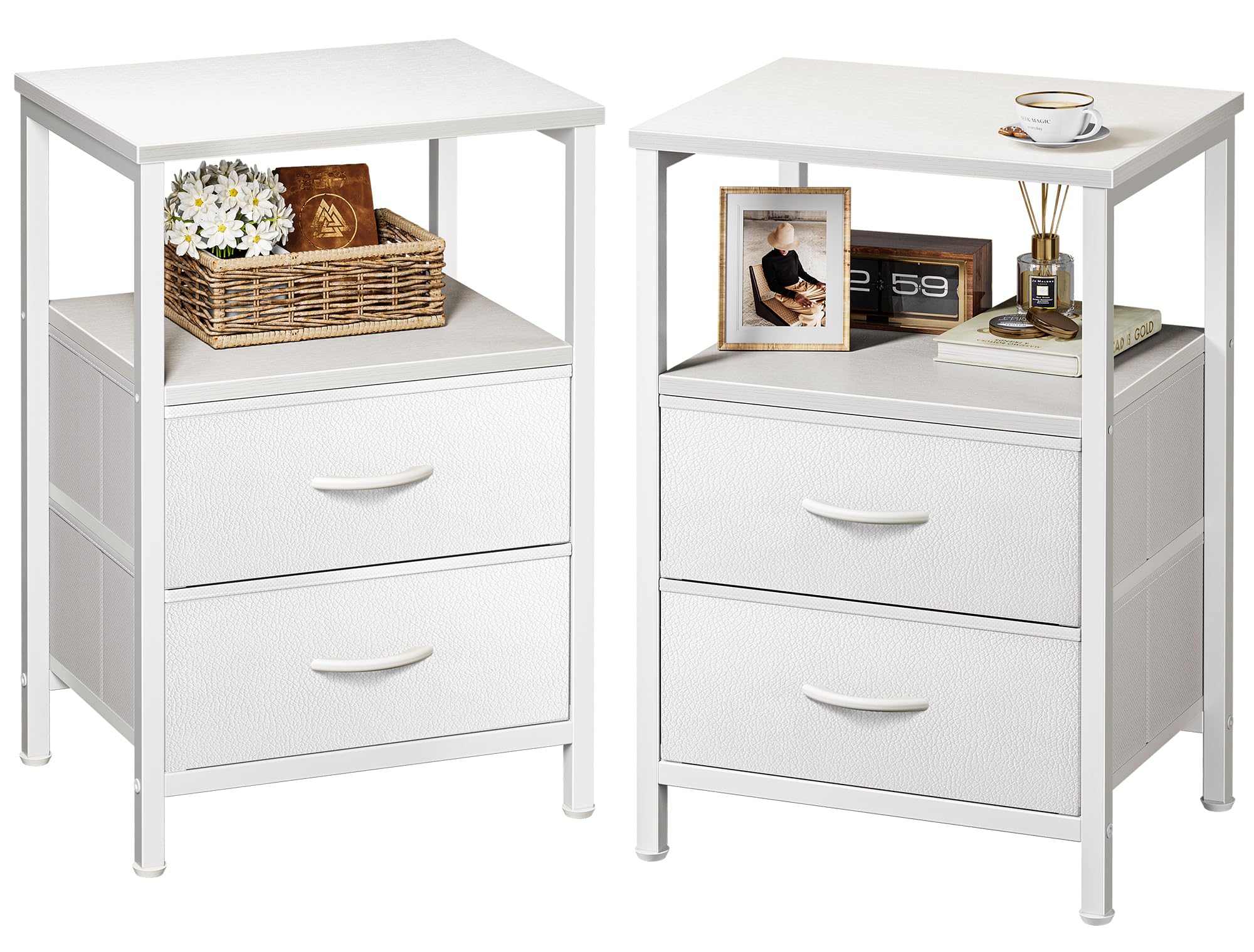 Huuger Night Stand Set of 2, Nightstand with 2 Drawers, Bed Side Table with Open Shelf, Wooden Top, End Table, PU Leather Fabric