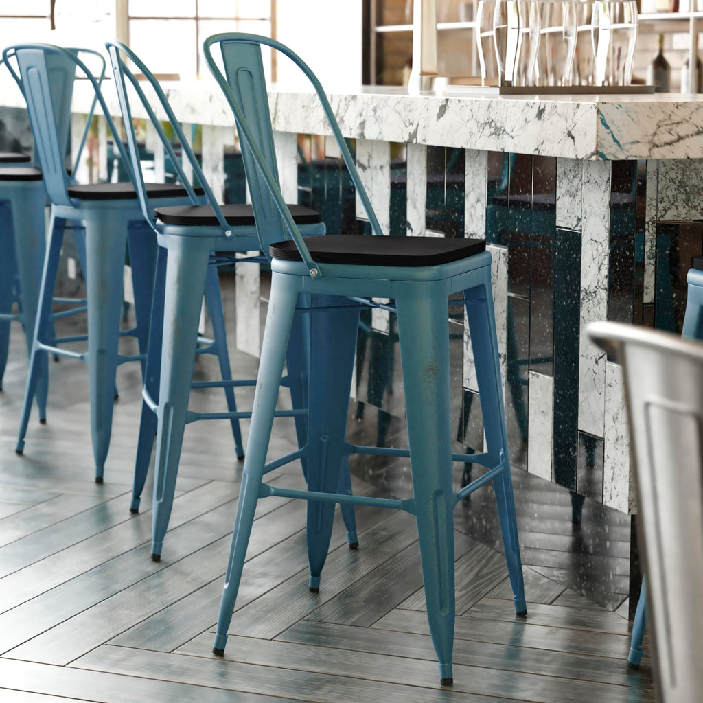 Flash Furniture Carly Commercial Grade 30" High Kelly Blue-Teal Metal Indoor-Outdoor Bar Height Stool with Back and Black Polystyrene Seat