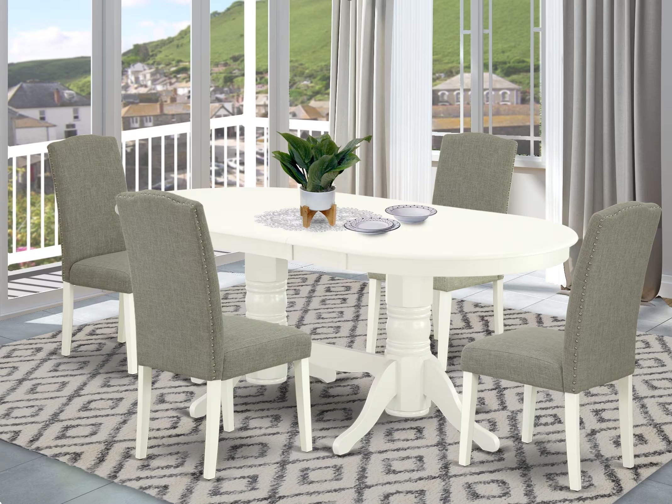East West Furniture Vaen5-Lwh-06 5 Piece Dining Table Set Includes An Oval Kitchen Table With Butterfly Leaf And 4 Dark Shitake Linen Fabric Parson Dining Chairs, 40X76 Inch, Linen White