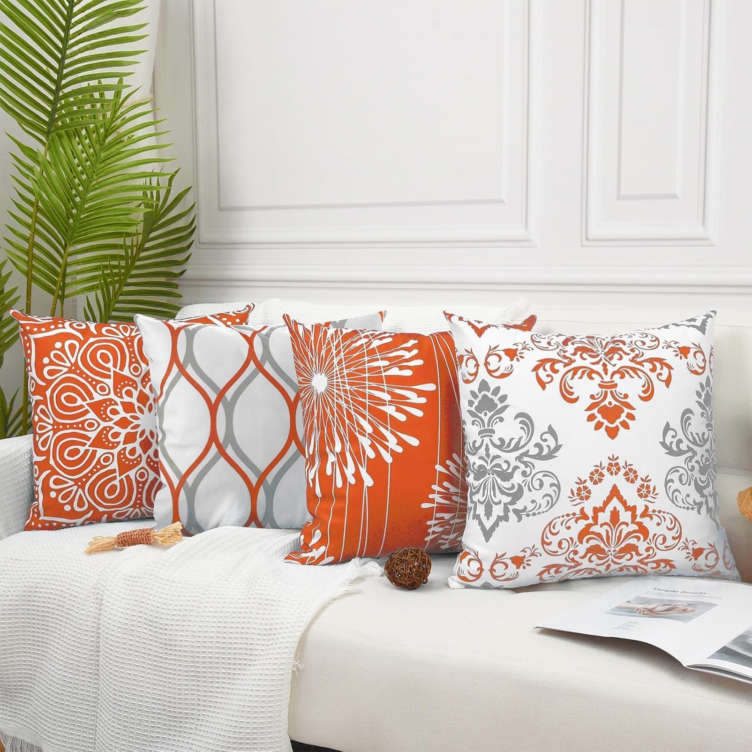 Decorative Throw Pillow Covers 16X16 Inch Set Of 4,Orange And White Modern Simple Square Pillow Case Cushion Cover For Sofa Couc