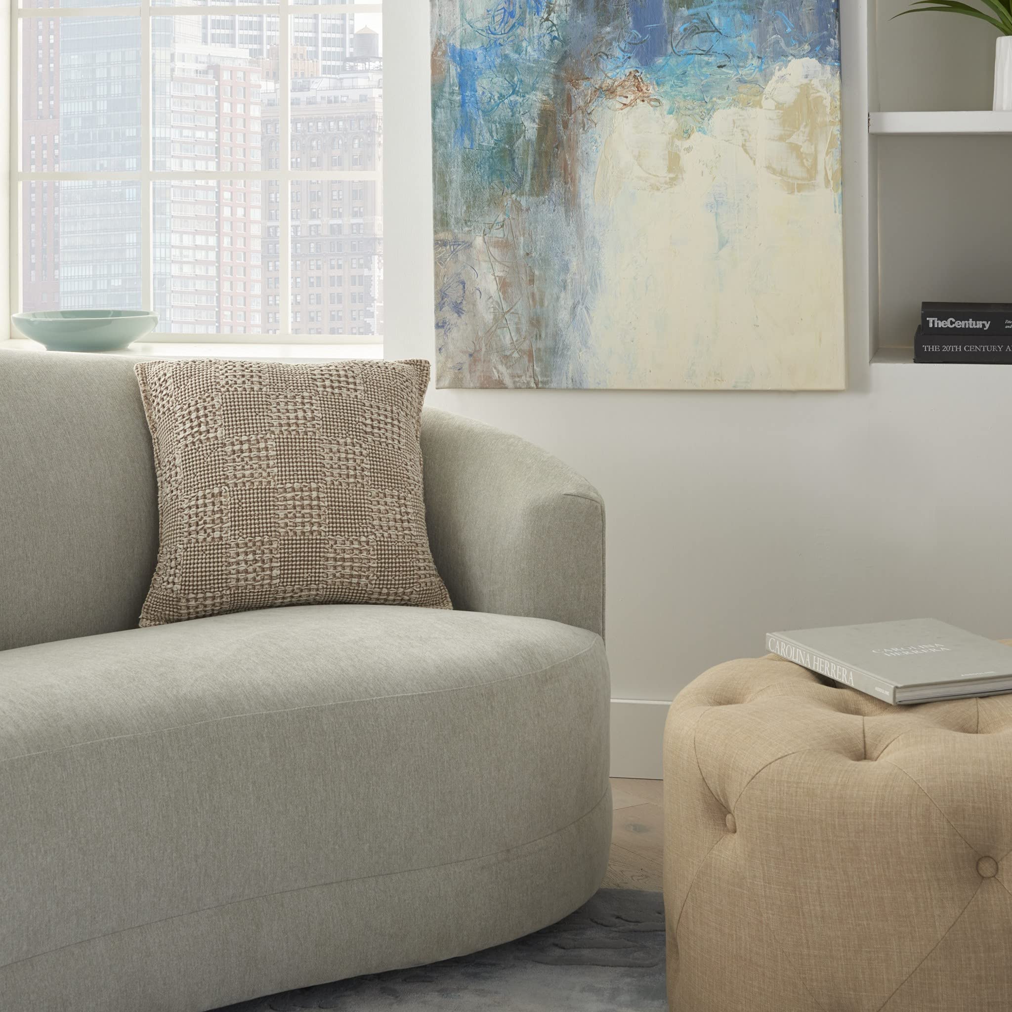 HomeRoots 100% Cotton Beige Textured Squares Throw Pillow