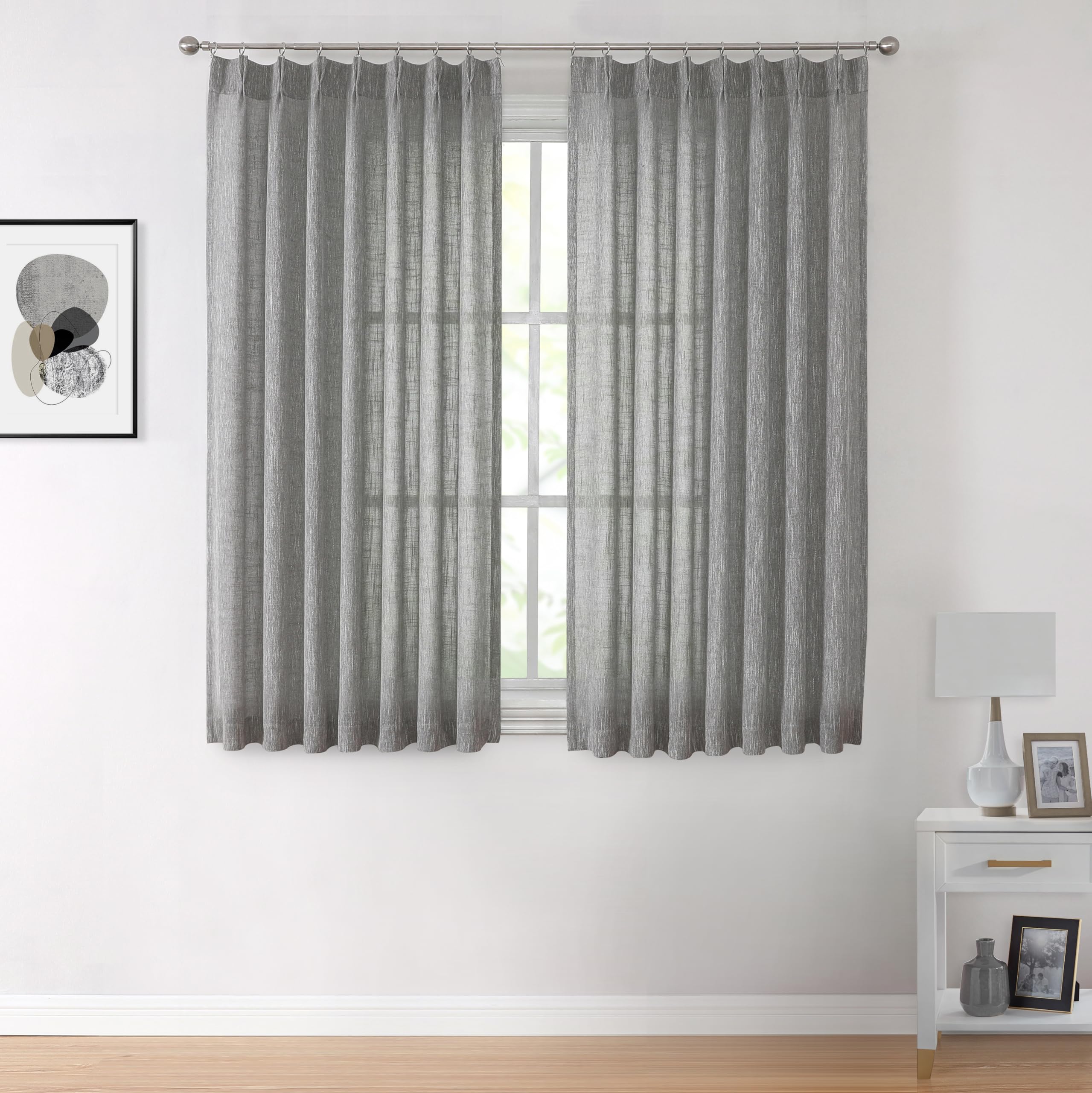 Vision Home Pinch Pleated Gray Semi Sheer Curtains Textured Light Filtering Window Curtains 63 Inch For Living Room Bedroom Rayo