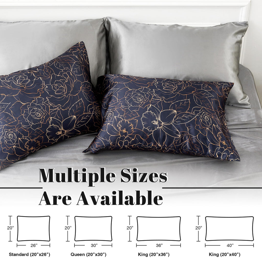 Exq Home Satin Pillowcase For Hair And Skin Queen - Printed Blue Rose Silk Pillowcase 2 Pack 20X30 Inches - Satin Pillow Cases S
