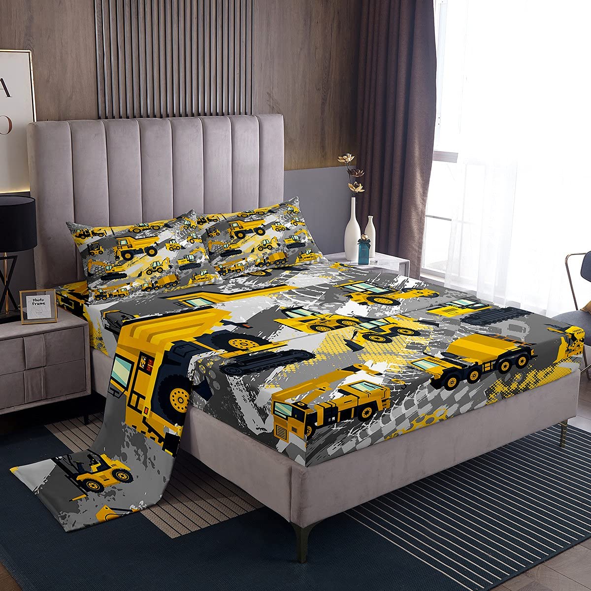 Kids Cartoon Car Bed Sheet Set Full Size Boys Construction Vehicles Bedding Set For Teens Children Cartoon Machinery Truck Bed Sheets Set Construction Site Cars Bed Cover 4Pcs, Super Soft,Breathable