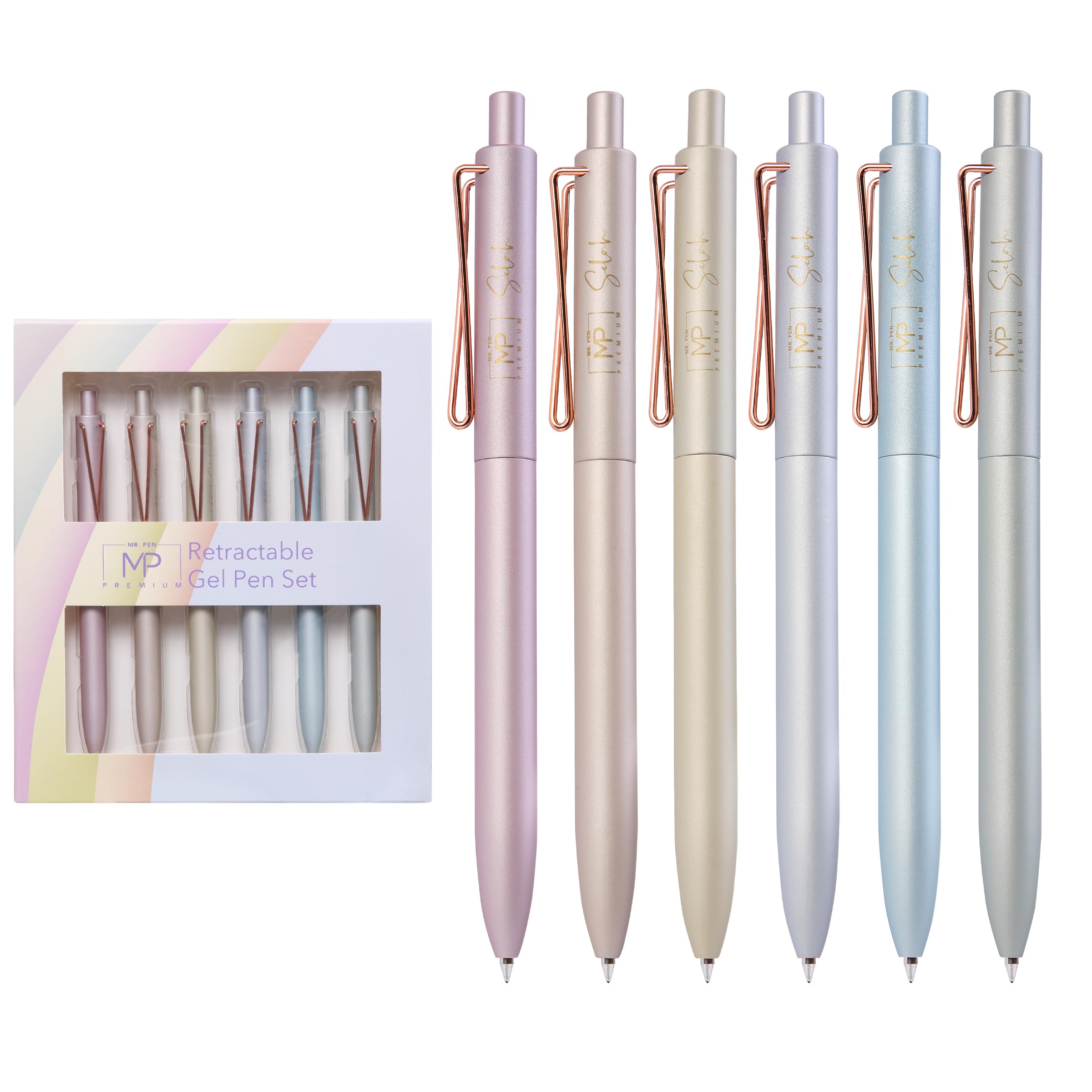 Mr. Pen- Retractable Gel Pens, 6 Pack, Black Ink Gel Pens Fine Point, Metallic Pastel Barrels