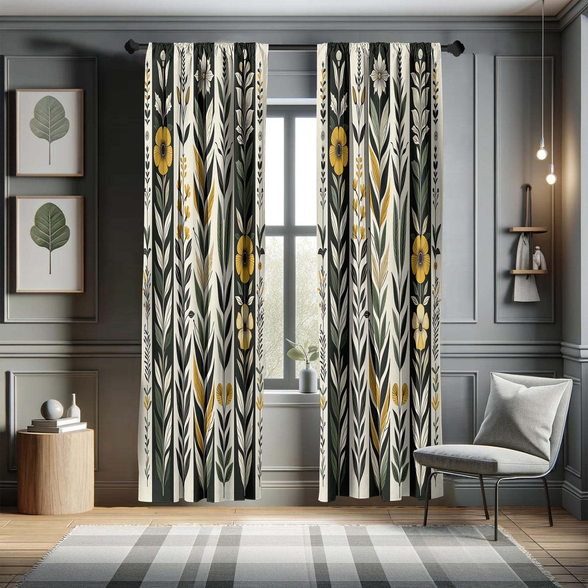 Ambesonne Nature Boho Window Curtains Pack Of 2, Urban Jungle Theme Dreamy Leaves And Flowery Petals And Stripes, Lightweight Se