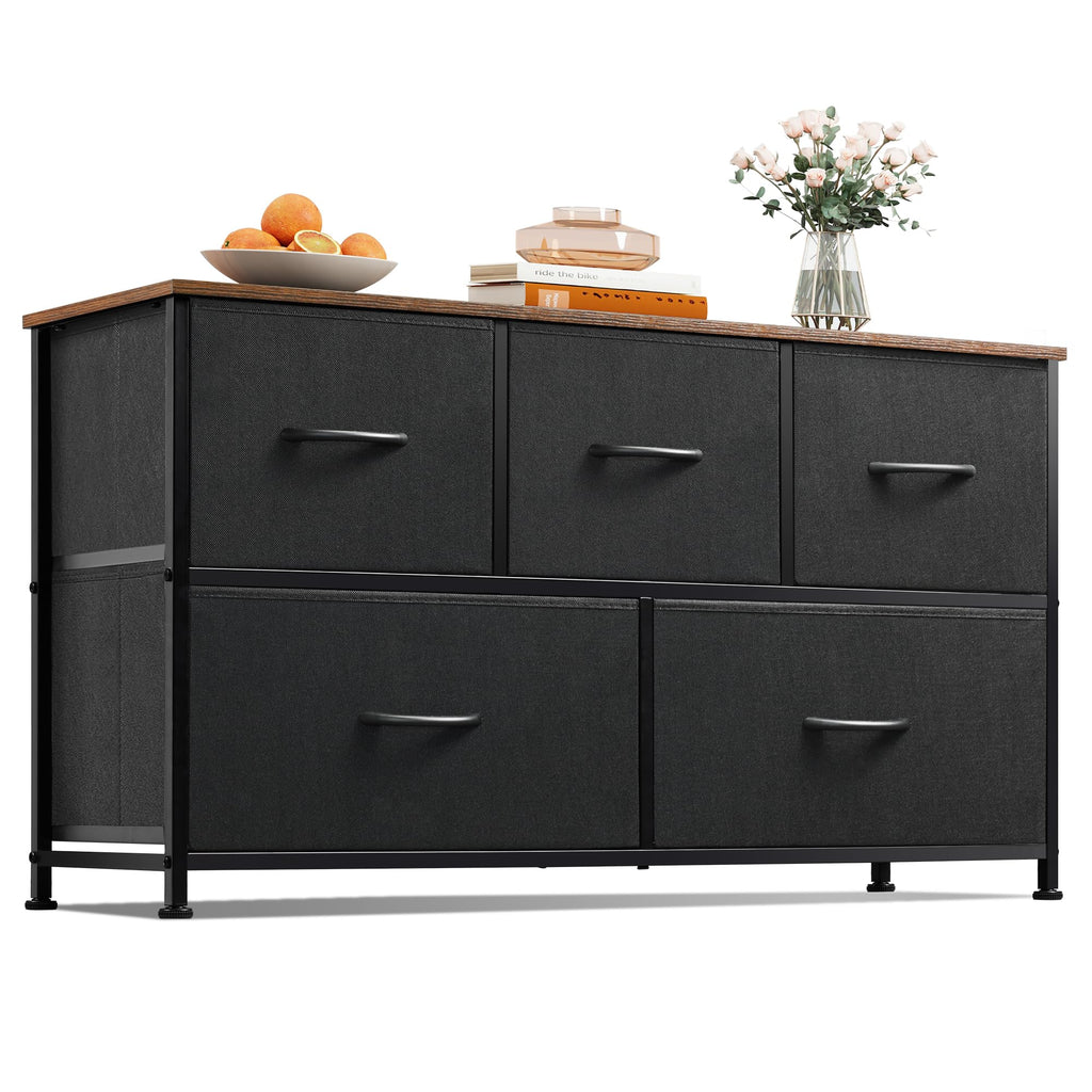 Wlive Dresser For Bedroom With 5 Drawers, Wide Chest Of Drawers, Fabric Dresser, Storage Organizer Unit With Fabric Bins For Closet, Living Room, Hallway, Black And Rustic Brown