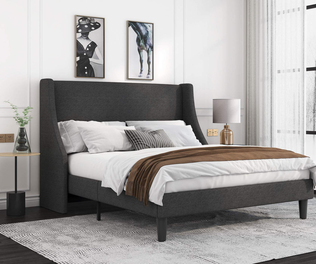 Allewie Full Size Bed Frame, Platform Bed Frame With Upholstered Headboard, Modern Deluxe Wingback, Wood Slat Support, Mattress Foundation, Dark Grey