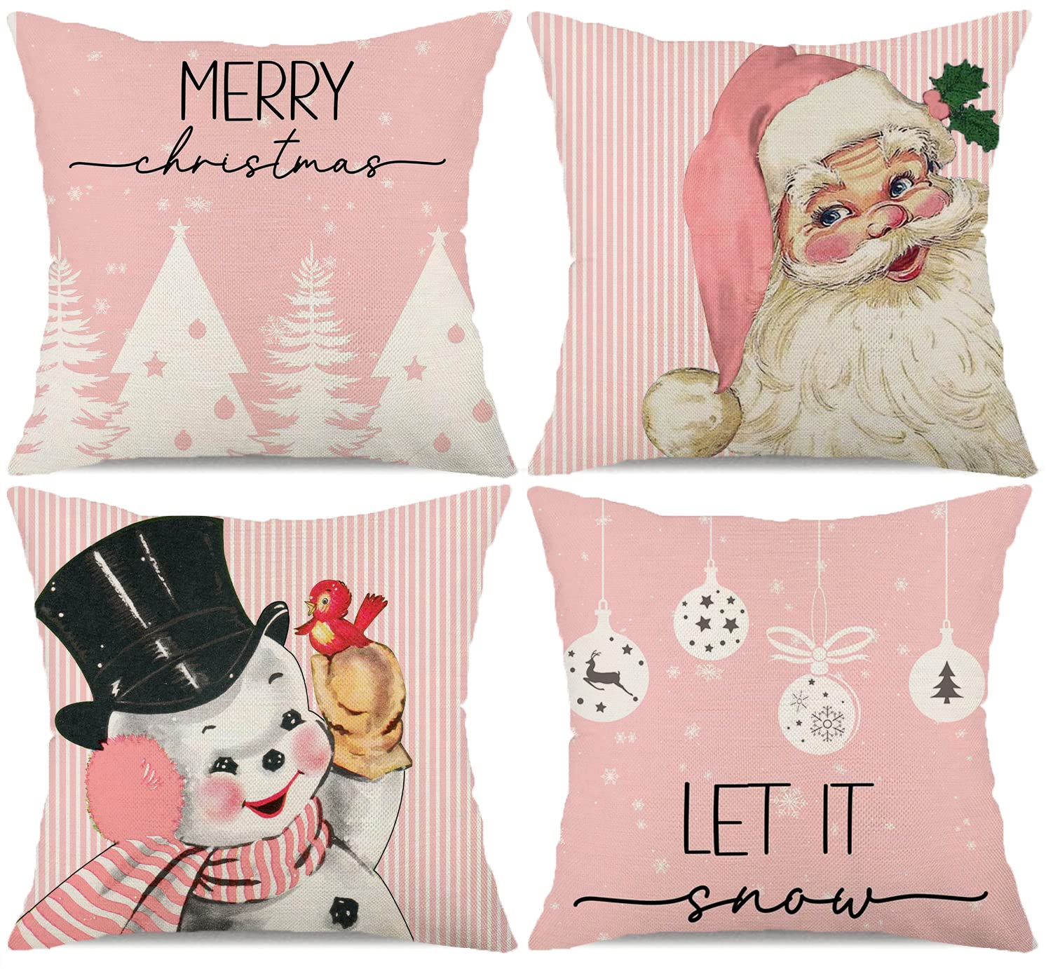 Christmas Decorations Pillow Covers 18X18 Set Of 4 Pink Stripes Santa Snowman Snowflake Merry Christmas Tree Let It Snow Hello W