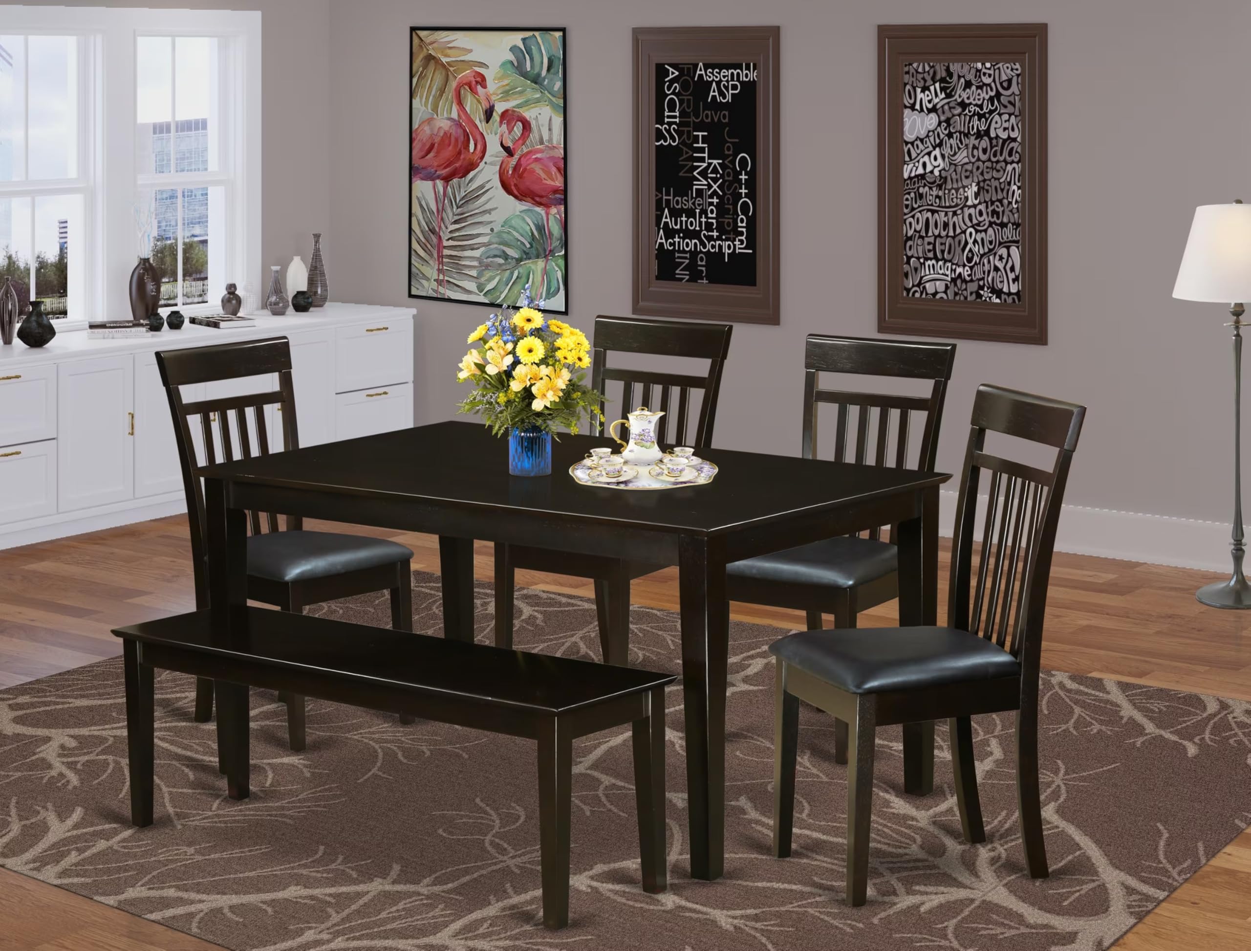 East West Furniture CAP6S-CAP-LC 6 Piece Kitchen Table & Chairs Set Contains a Rectangle Dining Table and 4 Faux Leather Dining Room Chairs with a Bench, 36x60 Inch, Cappuccino