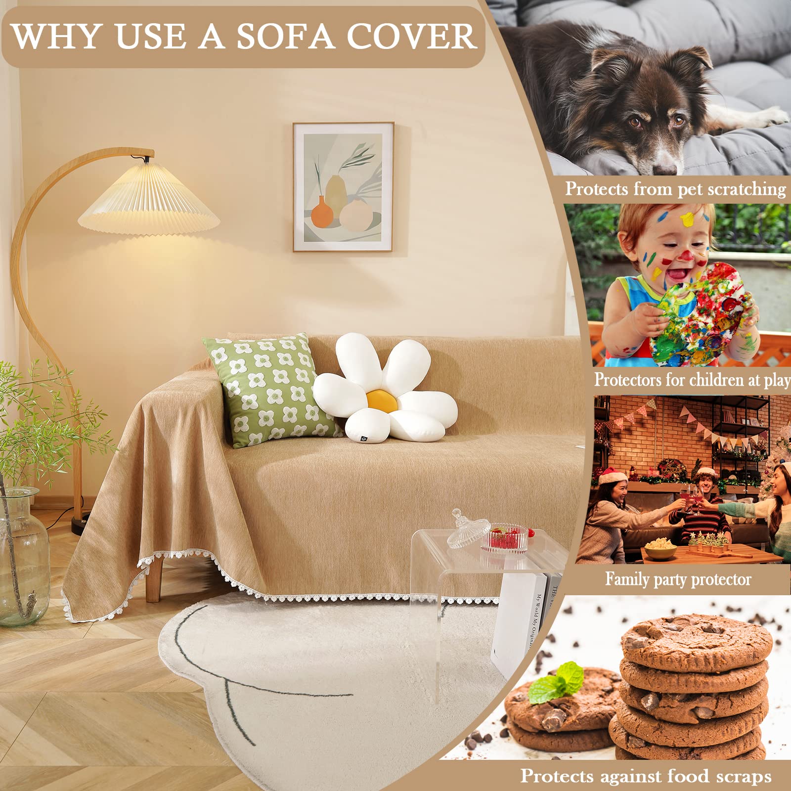 Handontime Khaki Loveseat Covers Couch Cover For Dogs Cats Solid Sofa Covers For 3 Cushion Couch Machine Washable Couch Covers For Sectional Sofa L Shape Chenille Sofa Slipcover Soft, 71' X134'