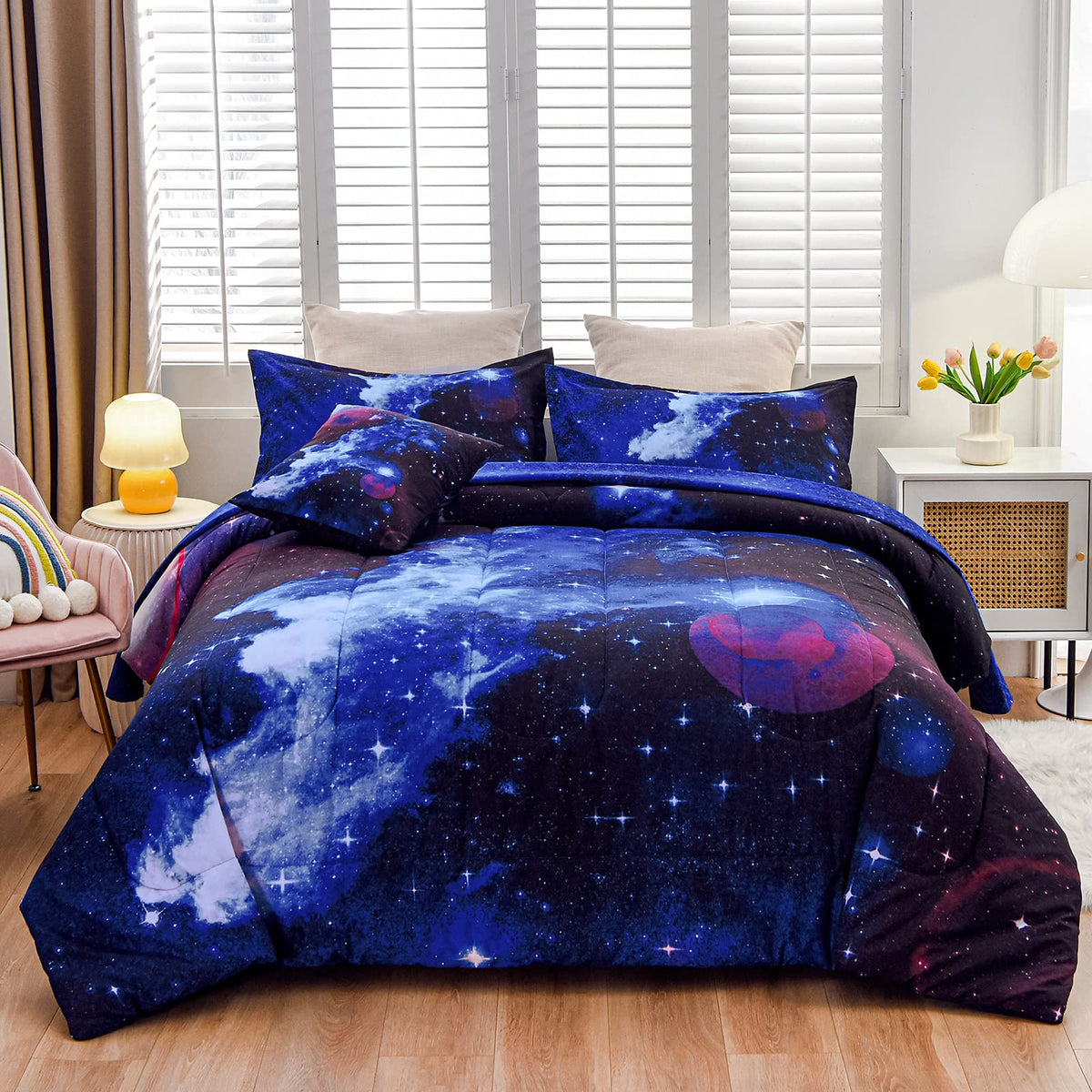 A Nice Night Galaxy 6Pcs Bedding Sets Outer Space Comforter Bed In A Bag 3D Printed Quilt,For Children Boy Girl Teen Kids,Twin 6
