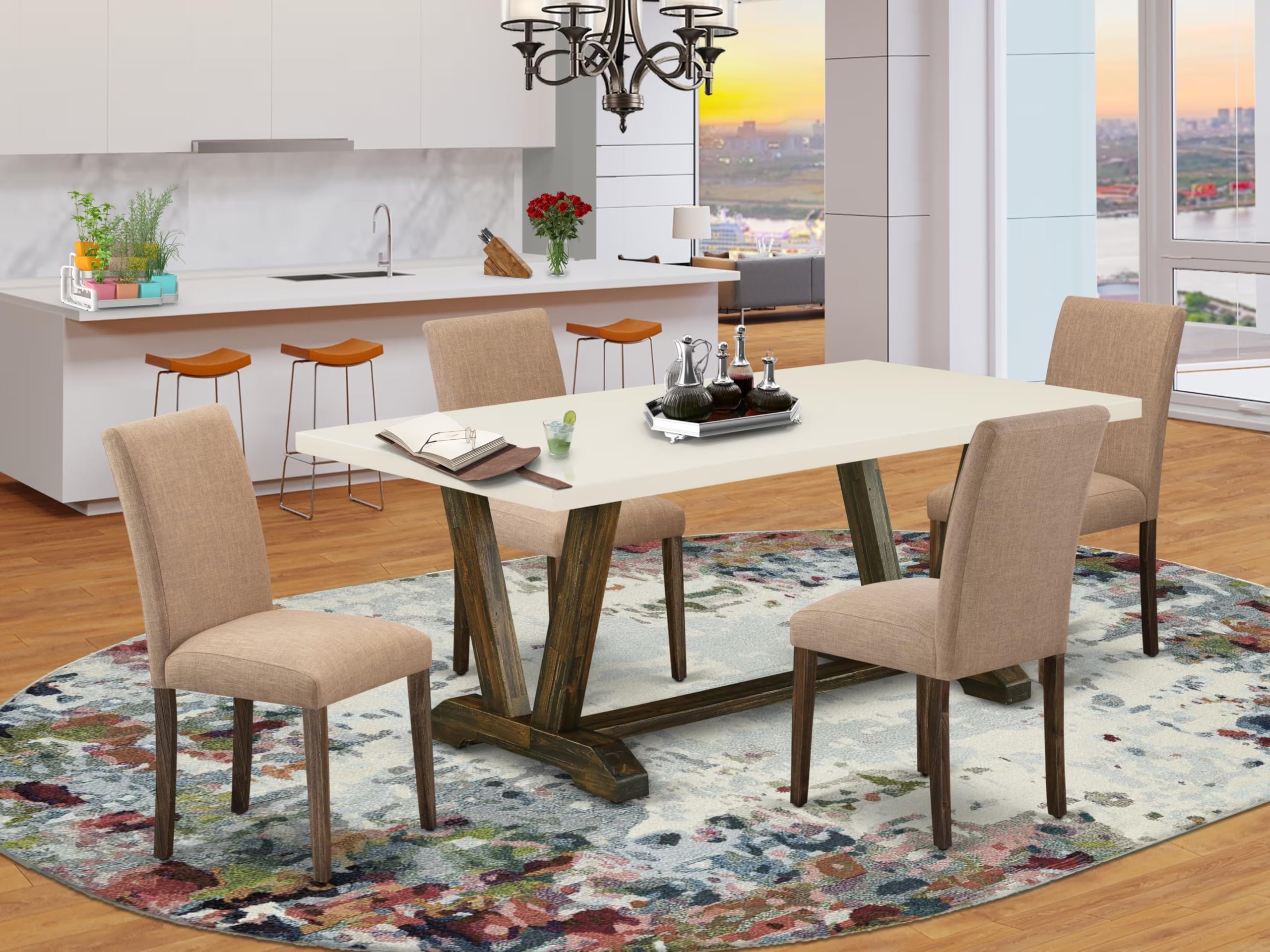 East West Furniture V727Ab747-5 5 Piece Kitchen Table Set For 4 Includes A Rectangle Dining Room Table With V-Legs And 4 Light Sable Linen Fabric Parsons Chairs, 40X72 Inch, Multi-Color