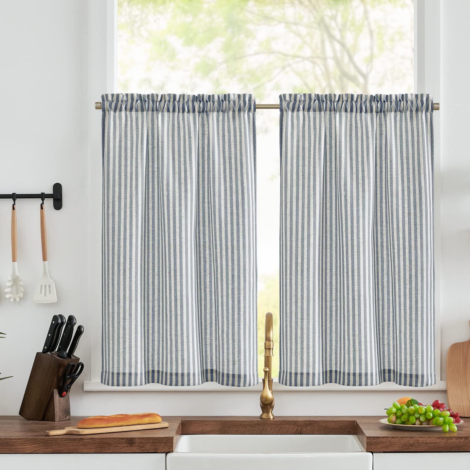 jinchan Kitchen Curtains Striped Tier Curtains Ticking Stripe Linen Curtains Pinstripe Cafe Curtains 45 Inch Length Short Farmho