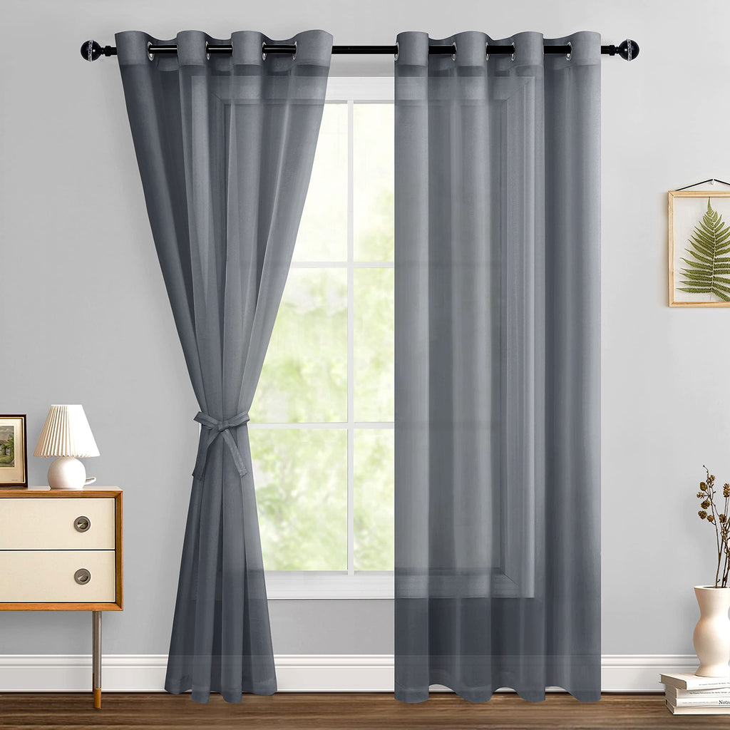 Hiasan Dark Grey Sheer Curtains 84 Inches Long With Tiebacks, Light Filtering Airy Voile Textured Drapes Lightweight Window Curtains For Bedroom, Living Room, Patio Door, W52 X L84, 2 Panels