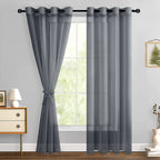 Hiasan Dark Grey Sheer Curtains 84 Inches Long With Tiebacks, Light Filtering Airy Voile Textured Drapes Lightweight Window Curtains For Bedroom, Living Room, Patio Door, W52 X L84, 2 Panels