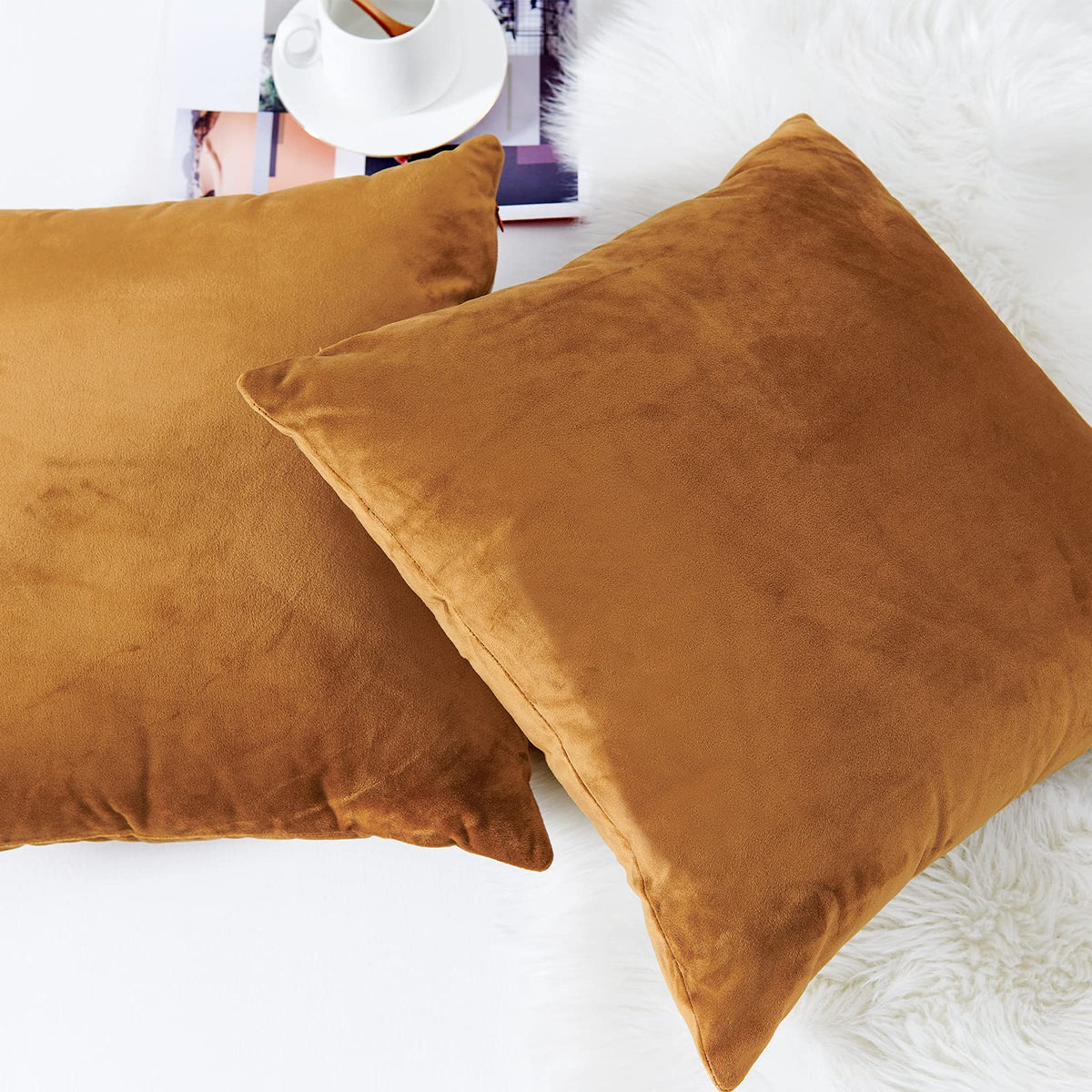 Lazzzy Velvet Throw Pillow Cover Decorative Pillowcase For Couch Bed Sofa Chair Yellow Soft Solid Square Gold Brown Cushion Case
