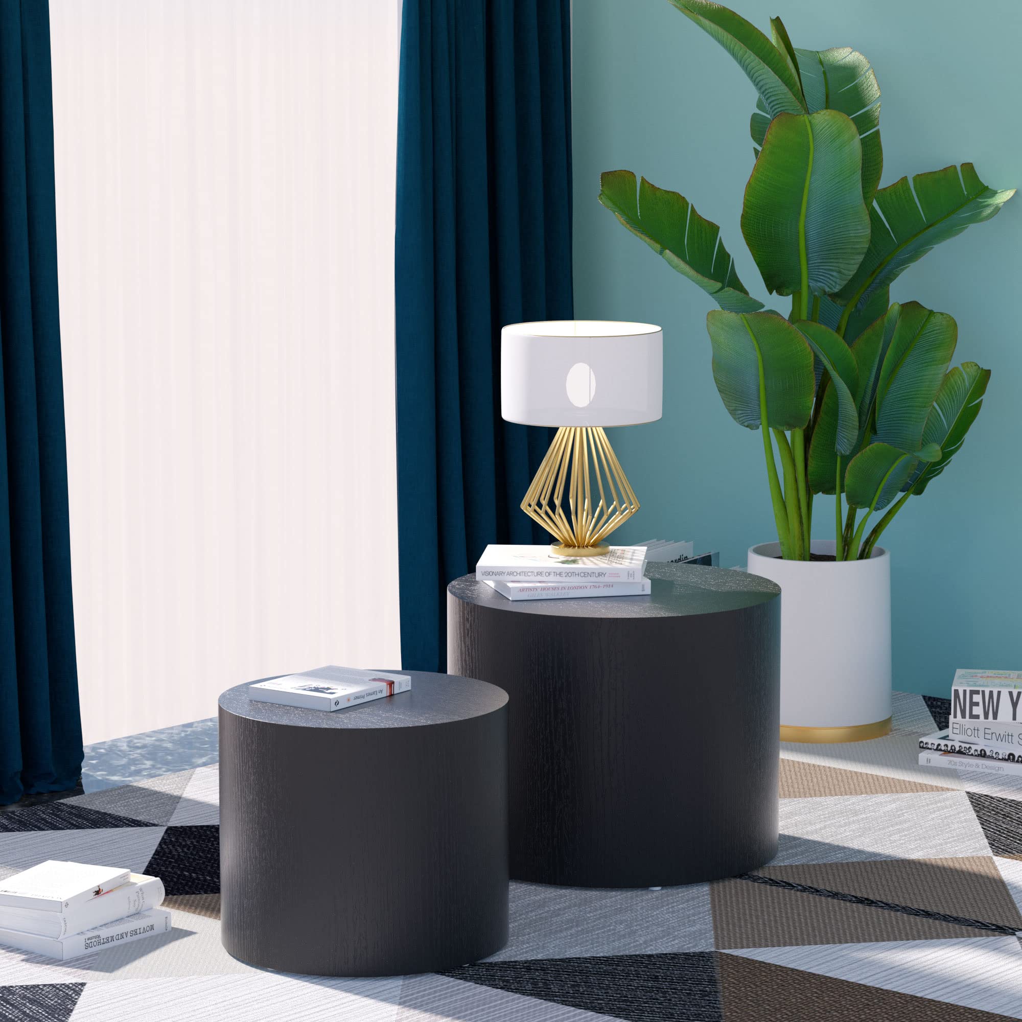 Kevinplus Nesting Wood Side Table Set Of 2, Round Circle Coffee Table For Small Space, End Table Bed Side Table For Living Room Bedroom Office, No Assembling (Matte Black - Round)