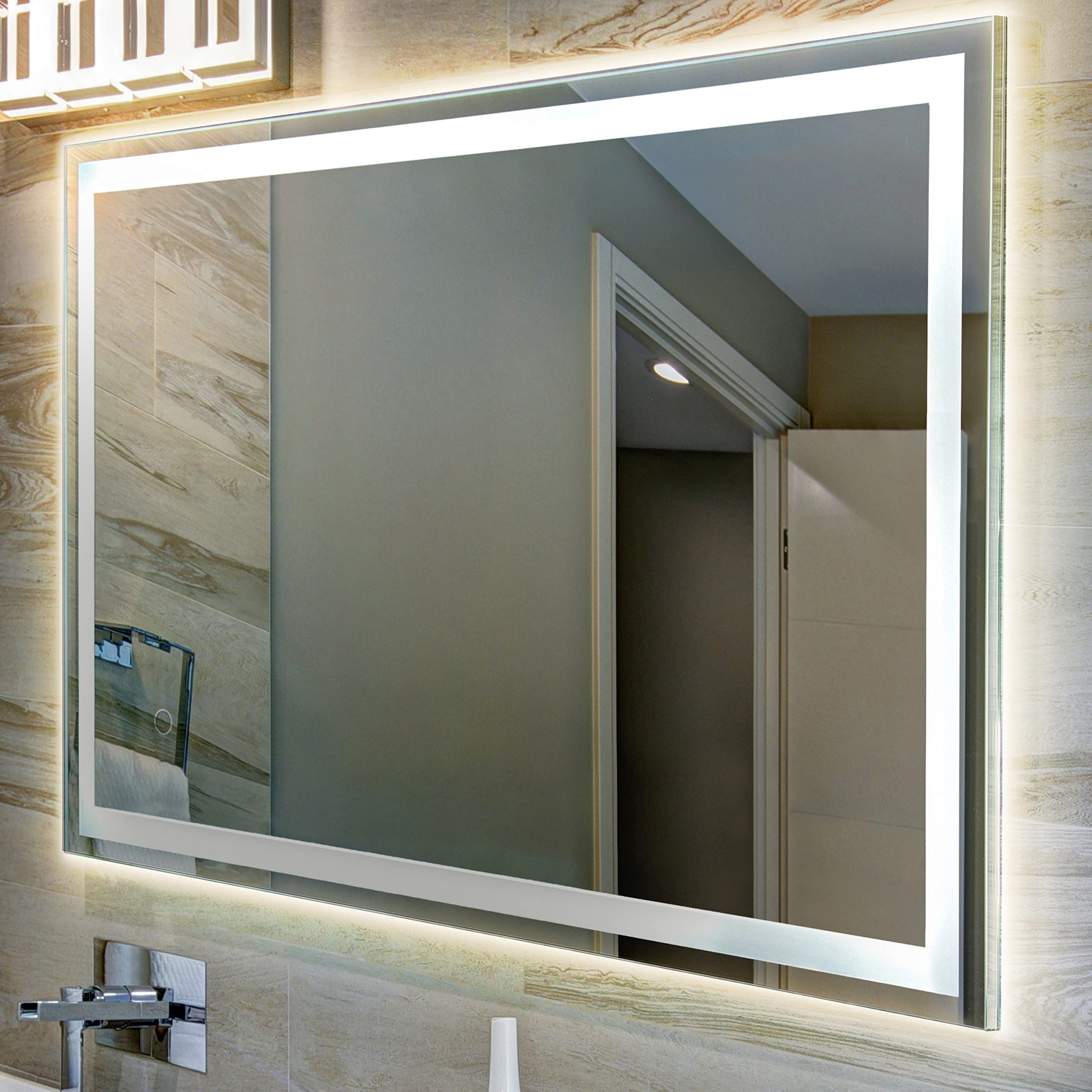 JONATHAN Y MIR100A-3648 Pax 48 x 36 Rectangular Frameless Anti-Fog Aluminum Front/Back-lit Tri-Color LED Bathroom Vanity Mir