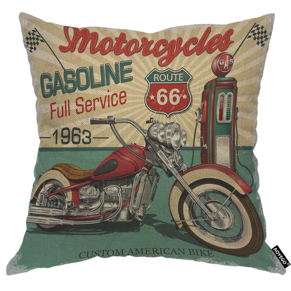 Aoyego Vintage Gasoline Route 66 Poster Throw Pillow Cover Motorcycle Garage America Vehicle Classic Pillow Case 18X18 Inch Deco
