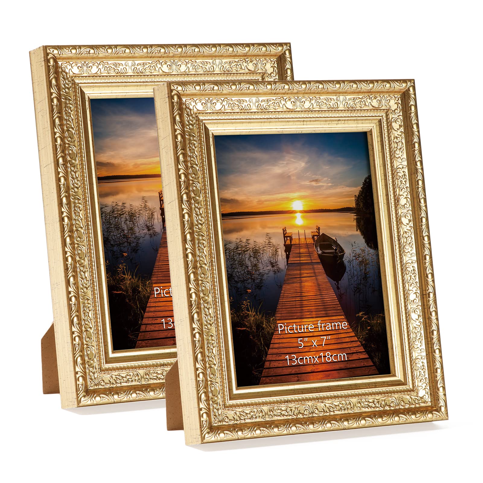 Edenseelake 5x7 Picture Frames Set of 2, Vintage Gold Photo Frame 5 by 7 for Tabletop or Wall Display