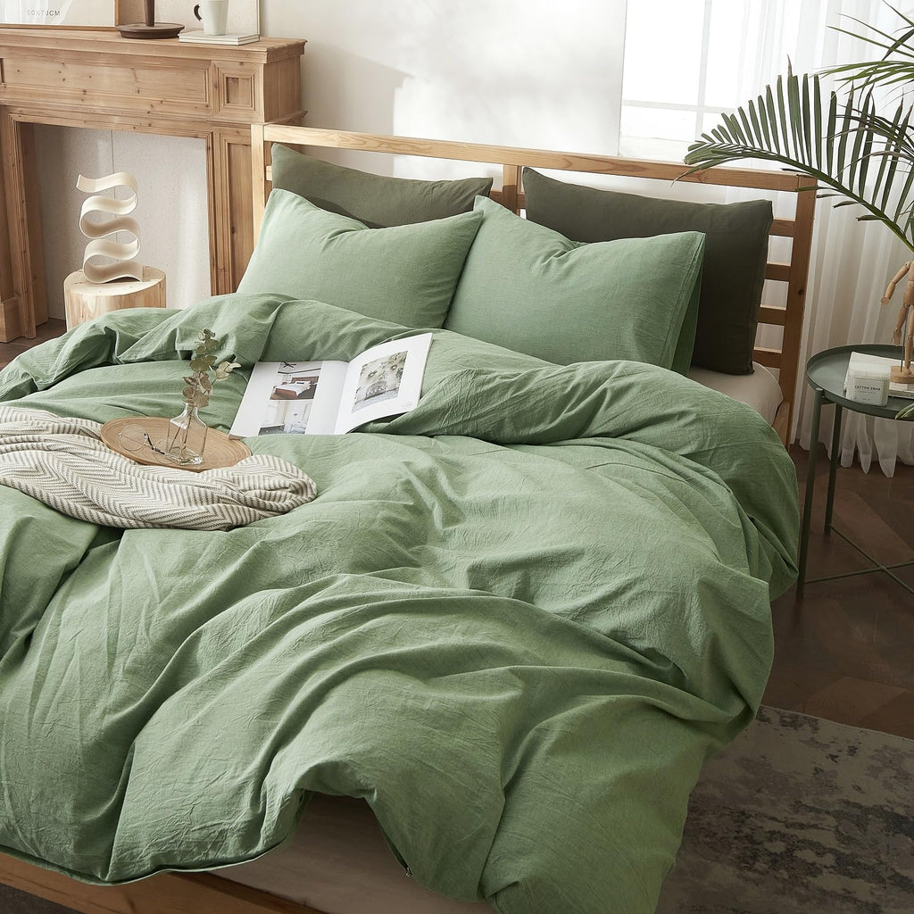 Amwan Simple Style Sage Green Duvet Cover King Size Soft 100% Washed Cotton Bedding Sets Solid Color Light Green Comforter Cover
