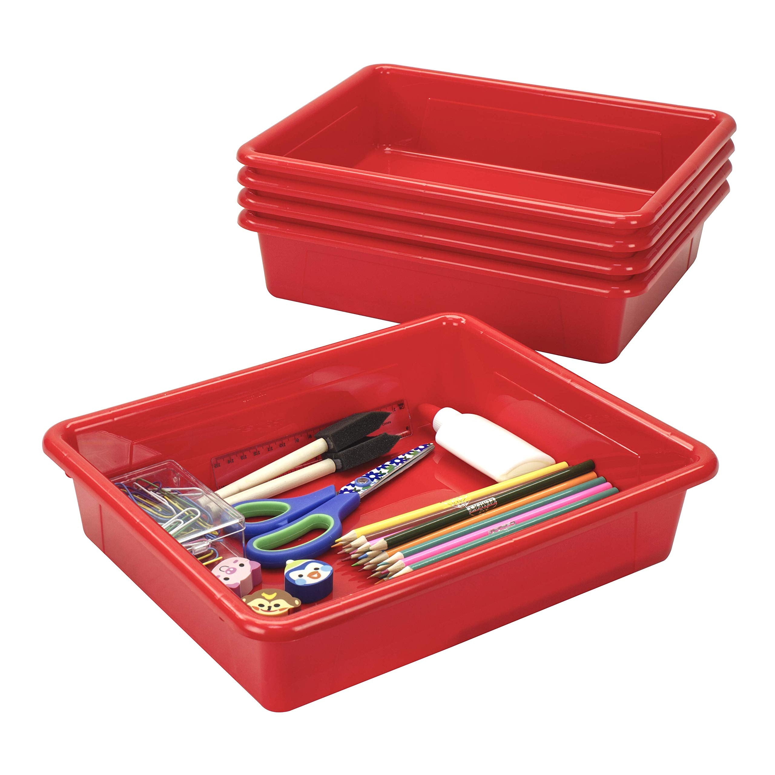 Storex Letter Size Flat Storage Tray - Organizer Bin For Classroom, Office And Home, Red, 5-Pack (62518A05C),10 X 13 X 3 Inches