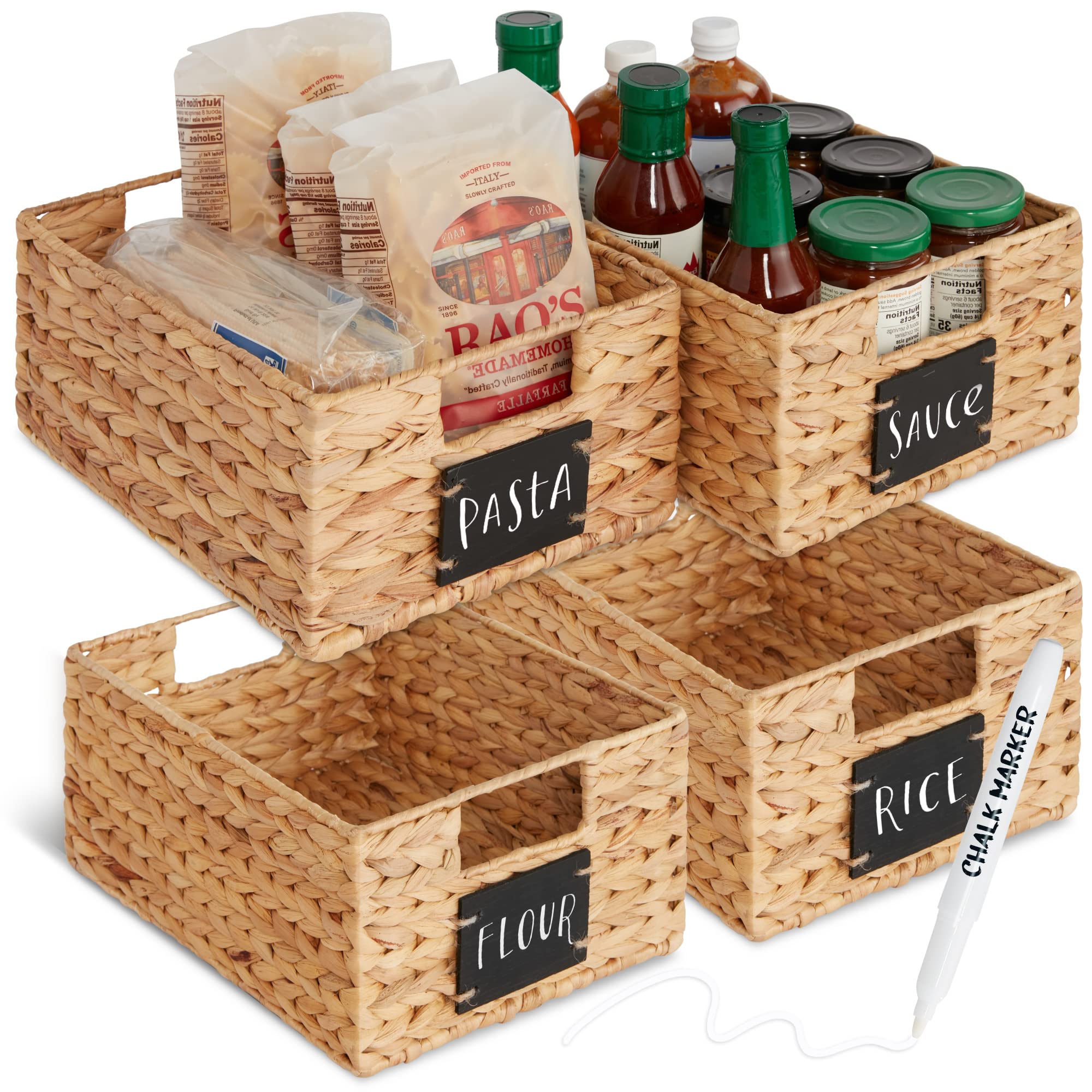 Best Choice Products Set of 4 9x12in Water Hyacinth Pantry Baskets, Woven Kitchen Organizers w/Chalkboard Label, Chalk Marker - 