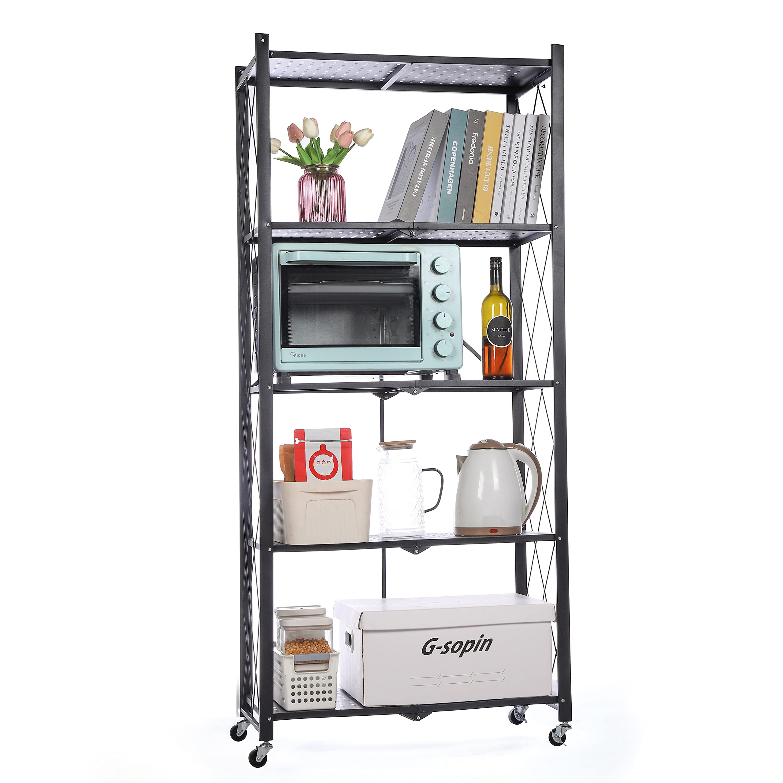 Letusto Foldable Collapsible Shelf with Wheels & Breaks - Folding Shelf Heavy Duty Metal Frame Pantry Shelving Unit - Origami Bo