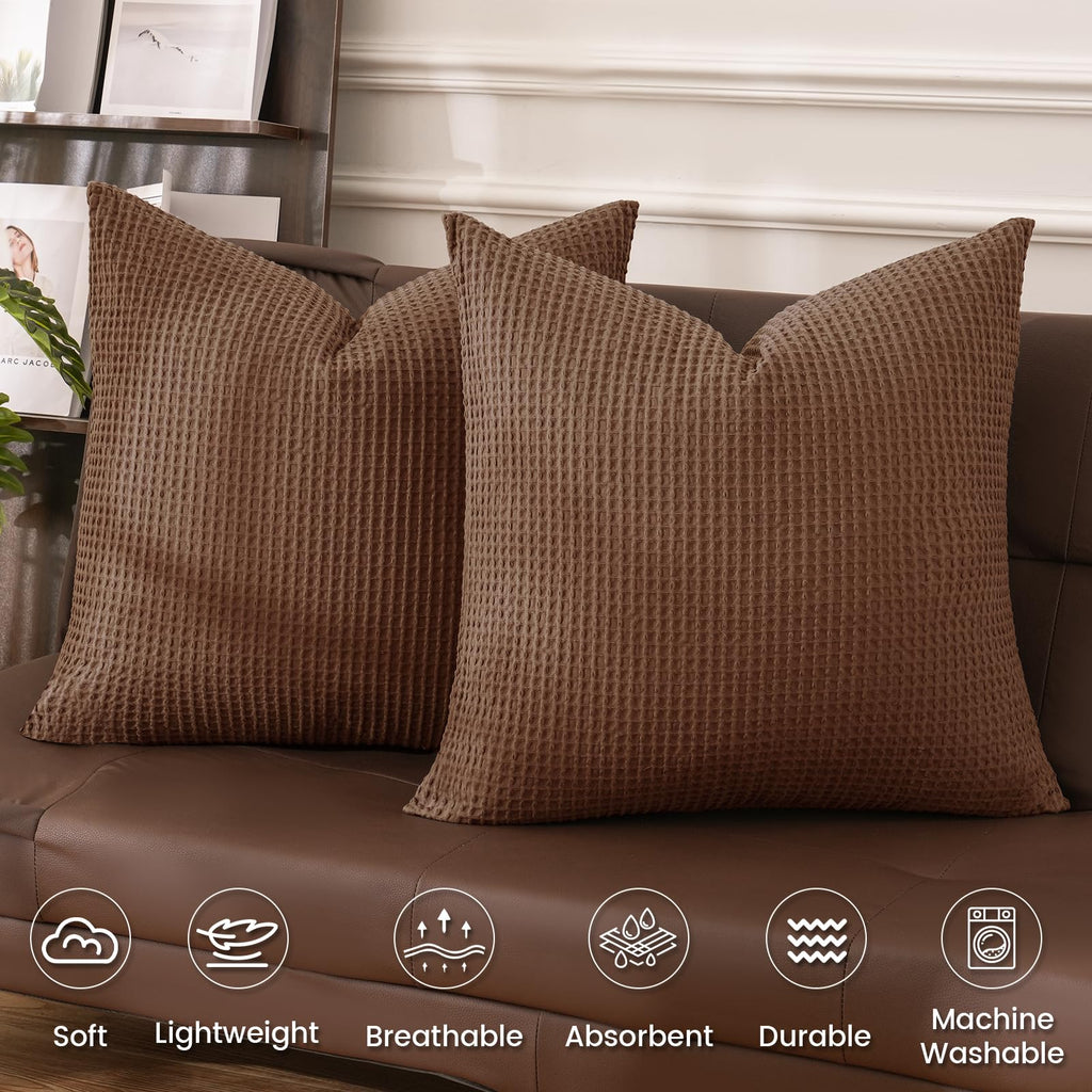 Phf 100% Cotton Waffle Weave Throw Pillow Cover, 24' X 24', No Filling, 2 Pack Elegant Home Decorative Square Throw Pillow Covers For Bed Couch Sofa, Cappuccino