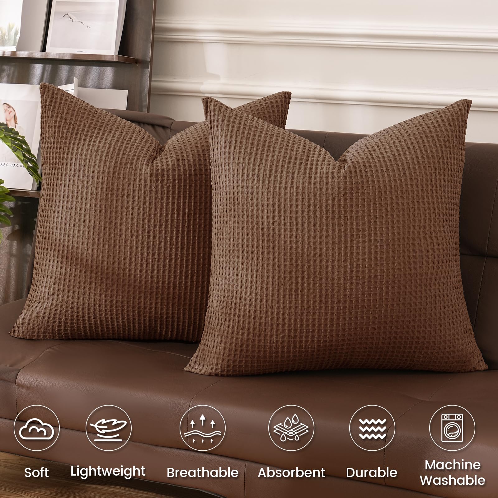 Phf 100% Cotton Waffle Weave Throw Pillow Cover, 24' X 24', No Filling, 2 Pack Elegant Home Decorative Square Throw Pillow Covers For Bed Couch Sofa, Cappuccino