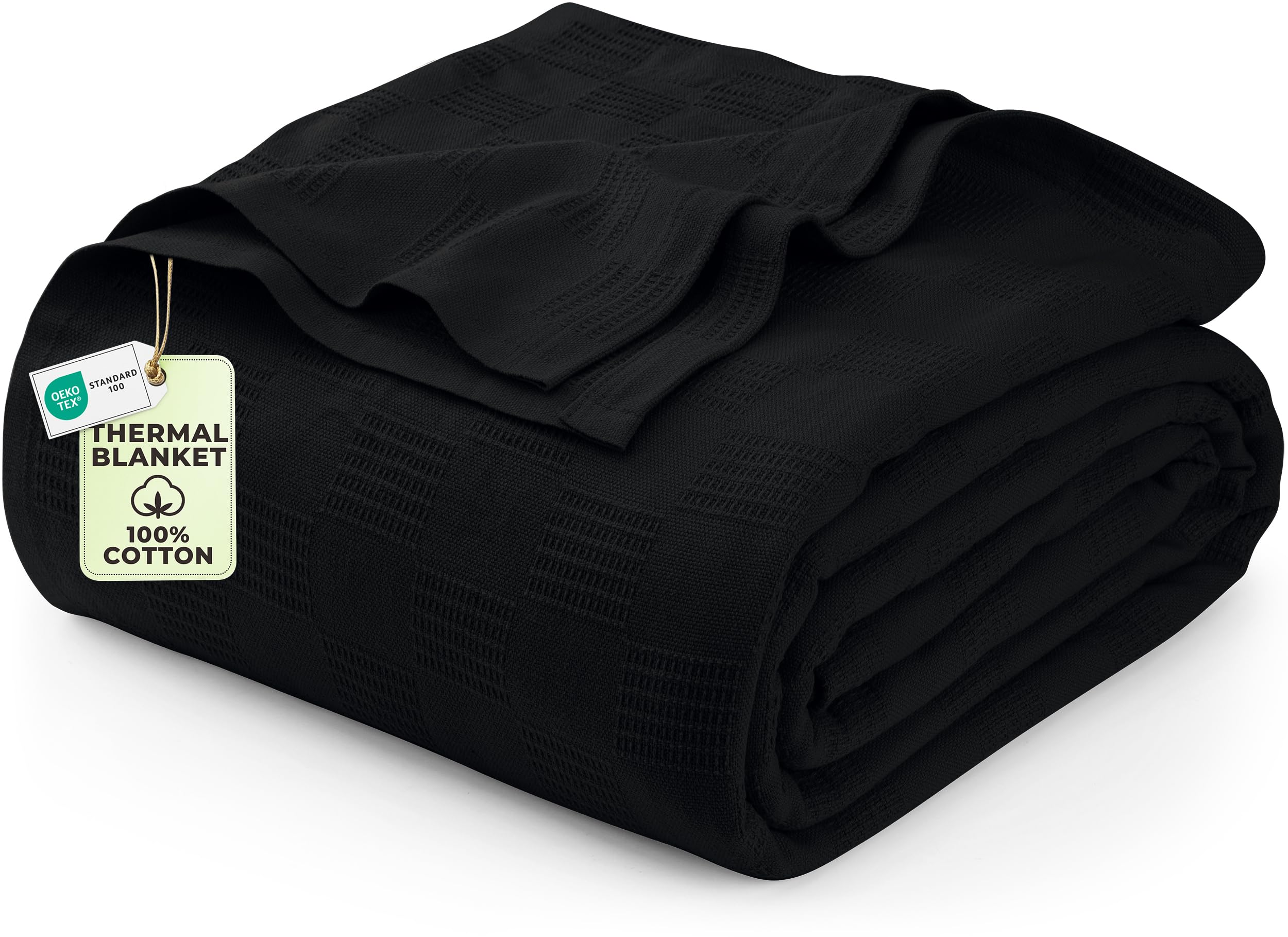 Utopia Bedding Black 100% Cotton Blanket [Queen Size - 90x90 Inch] 350GSM Lightweight, Soft and Breathable Thermal Blanket for A