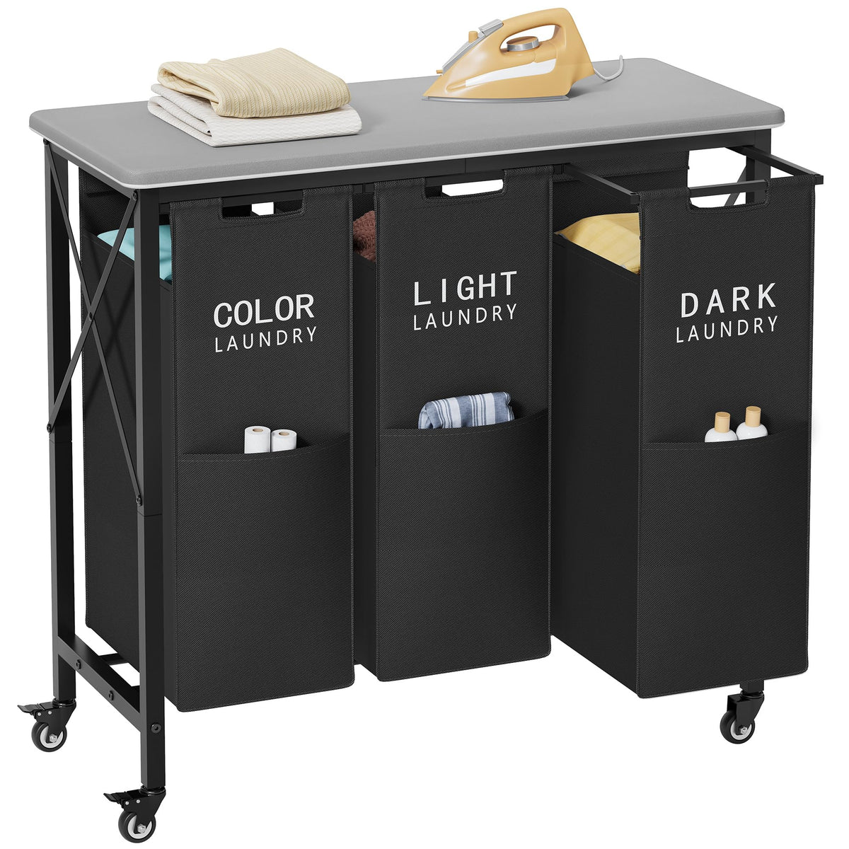 Gewudraw 3 Section Laundry Sorter with Ironing Board, Black