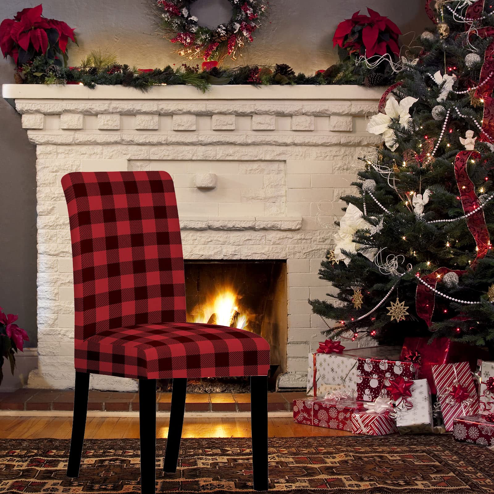 Whaline Buffalo Check Chair Covers Red Black Plaid Dining Chair Slipcovers Protector Removable Stretch Elastic Seat Covers For Party Kitchen Home Hotel Office Restaurant Decoration, 4Pcs
