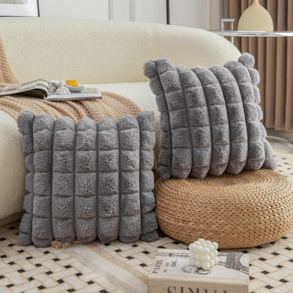 Neelvin Grey Faux Fur Cozy Soft Plaid Decorative Throw Pillow Covers 18X18 Inch Set Of 2,Velvet Pillowcase Cushion Case For Sofa