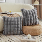 Neelvin Grey Faux Fur Cozy Soft Plaid Decorative Throw Pillow Covers 18X18 Inch Set Of 2,Velvet Pillowcase Cushion Case For Sofa